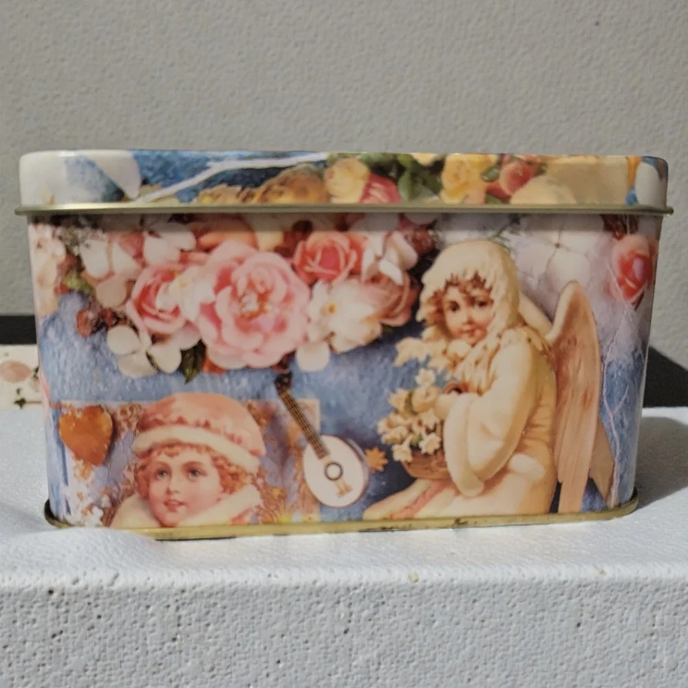 Vtg Winter Rose Metal Tin Box Container Angels Cherubs Mandolin Christmas